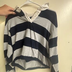 Brandy Melville Navy and Gray Striped Rugby Top
